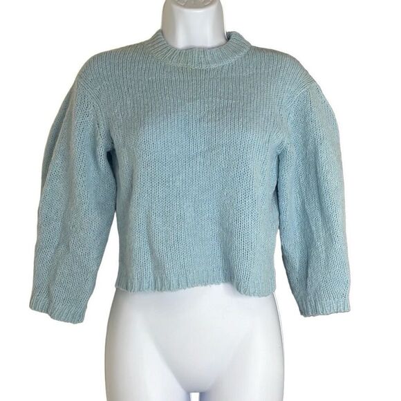 Tibi Blue Cropped Crewneck Sweater Alpaca Wool Blend Long Sleeve Soft XS Preppy - Picture 1 of 8